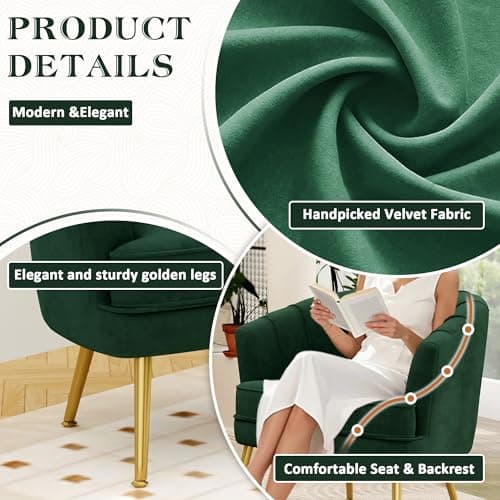 Andeworld Velvet Accent Chair, Upholstered Modern Single Sofa Side Chair,Comfy Barrel Club Living Room Armchair with Golden Metal Legs for Bedroom Living Reading Room Office, Green 7