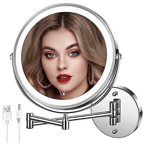 MNIENT Wall Mounted Lighted Makeup Mirror, 8" Rechargeable Double-Sided Light up Magnifying Mirror 1x/10x, 3 Colors Led Vanity Mirror with Lights, Touch Dimmable 360° Rotation Foldable