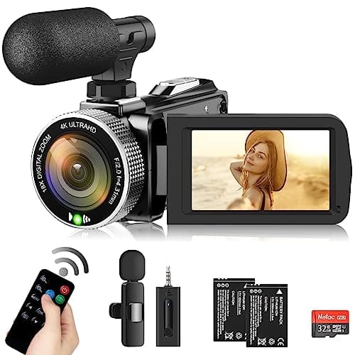 Weochi Video Camera Camcorder 4K 48MP 30FPS YouTube Camera with Wireless Lavalier Mic & External Mic for Vlogging, Ultra HD 3“ Screen 18X Digital Zoom Vlogging Video Recorder Camera with 32GB SD Card