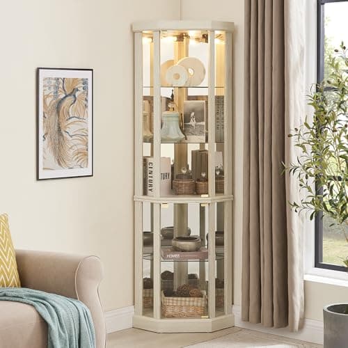 XZTUAJ 69" H Lighted Curio Cabinet Corner Display Case, Corner Glass Case with Adjustable Shelves and Tempered Glass, Wooden Curio Cabinet w/Mirrored Back Pane for Living Room