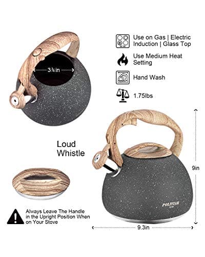POLIVIAR Tea Kettle, 2.7 Quart Natural Stone Finish with Wood Pattern Handle Loud Whistle Food Grade Stainless Steel Teapot, Anti-Hot Handle and Anti-Rust, Suitable for All Heat Sources (JX2018-GR20) 7