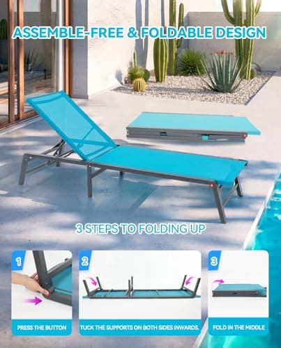 U ULAND Chaise Lounge Outdoor, Aluminum Outdoor Chaise Lounge Set of 2 Assemble-Free, Patio Lounger Poolside Lay Flat Sunbathing Adjustable Backrest Pool Lounge Chair 6