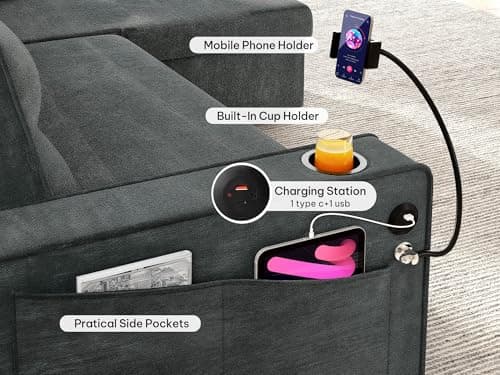 YITAHOME 85" Sleeper Sofa, Convertible Sofa Bed Couch with Pullout Bed for Living Room, L-Shaped Sectional Sofa with Cup Holder Phone Holder USB Ports, 2 Pillows and Side Pocket, Dark Grey 5