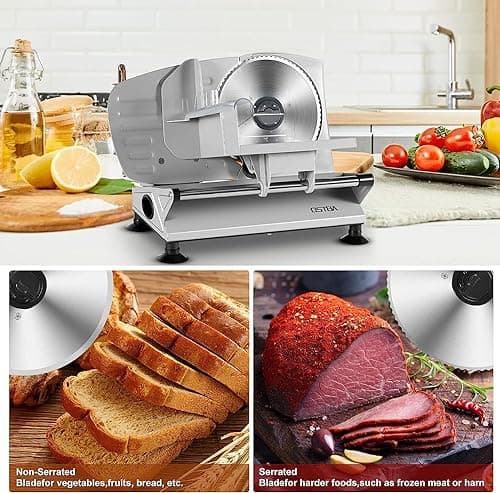 OSTBA Meat Slicer Machine, Two 6.7” Removable Stainless Steel Blades and Food Carriage, 150W Electric Deli Food Slicer for Home Use, Easy to Clean, 0-15mm Adjustable Thickness for Meat, Cheese, Bread 7