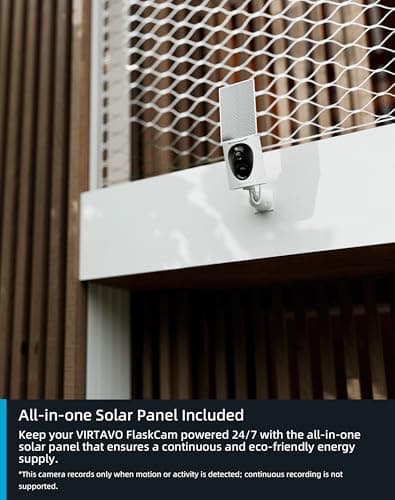 virtavo SolarFlask 2K Solar Security Cameras Wireless Outdoor, Starlight Lens, Color Night Vision, PIR Motion Detection, Battery-Powered, 2-Way Audio, Weatherproof, Cloud/SD Storage, 2.4GHz WiFi 6