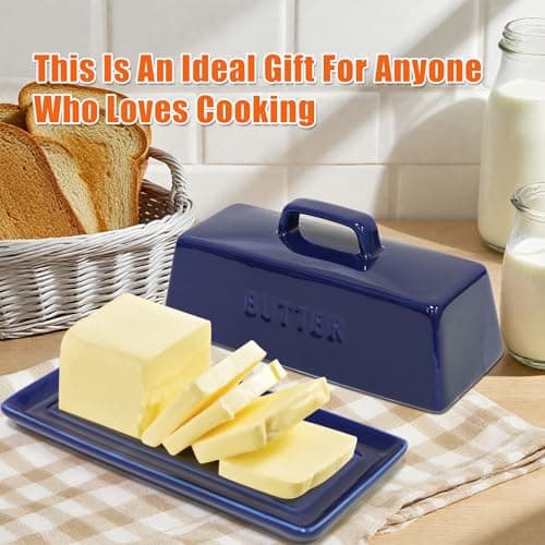 Gute Butter Dish with Lid for Countertop, Covered Ceramic Butter Dish, Butter Tray Storage for 1 Stick of Butter, Butter Keeper Container with Handle for Kitchen, Navy Blue 7