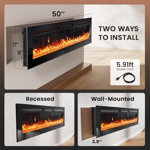 Silonn 50″Smart Electric Fireplace Heater with App & Remote Control, 5300 BTU Heat Output, Ultra-Slim Wall-Mounted or Recessed Electric Fireplace Inserts with Timer, 20 Flame Colors,WiFi Enabled 7
