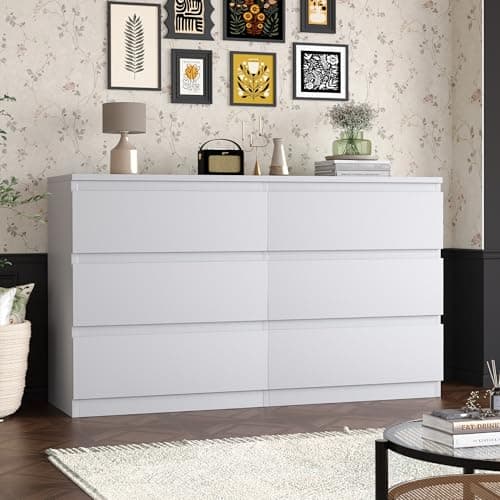 TXGDPIONEER White Dresser for Bedroom,48 Inch Wide 6 Drawers with No Handles,Modern Dresser with Deep Drawers,Large Wood Double Chest of Drawer for Hallways