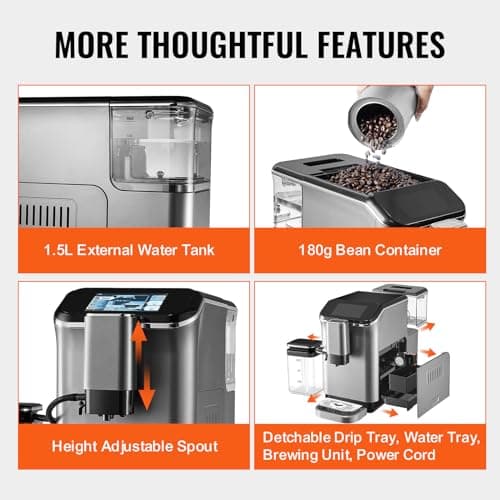 VEVOR Fully Automatic Espresso Machine - with Automatic Milk Frother, 20 Bar Super-Automatic Cappuccino Latte Machine with TFT Touch Screen, Grinder, 15 Grinding Levels, and Removable Milk Reservoir 6