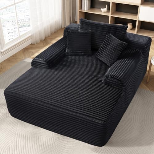 Yomsum 65'' Chaise Lounge Chair Indoor, Black Plush Corduroy Cloud Couch, Fluffy Oversized Sofa Bed for Bedroom Living Room, Comfy Boneless Reading Longue Chair Sleeper Sofa No Assembly
