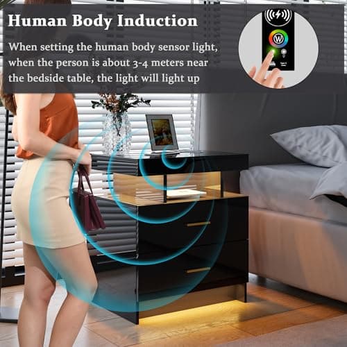 HNEBC Auto LED Nightstand with Wireless Charging Station & USB Ports,High Gloss Bedside Tables with 2 Drawers,Floating Nightstand with 3 Color & Adjustable Brightness for Bedroom,Black 6