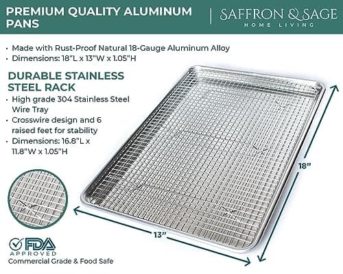 Commercial Quality Cookie Sheet and Rack - Aluminum Half Sheet Baking Pan and Stainless Steel Cooling Rack Set 13x18 Rust & Warp Resistant, Heavy Duty 8