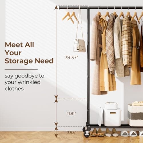 Clothes Clothing Garment Rack with Wheels,46.5" L Heavy Duty Rolling Clothing Racks for Hanging Clothes, Metal Sturdy Closet Rack Clothes Hanger Rack for Coats, Shirts, Dress, Black 8