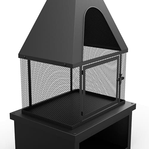 43" H Living Outdoor Wood Burning Fire Pit with Wood Storage,Chiminea Fireplace with Mesh Spark Screen Doors, Black 7