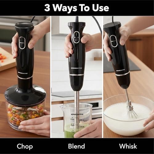 OVENTE Immersion Hand Blender Set, 300W Corded Electric Handheld Stick Mixer, 2 Mixing Speeds with Stainless Steel Blades, Egg Whisk, Beaker & BPA-Free Food Chopper, Black HS565B 5