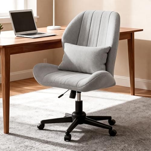 ZZW Criss Cross Chair with Wheels, Wide Cross Legged Office Chair Armless Comfy Desk Chair with Tall Back Vanity Chairs with Stress Relief Curved Design Seat for Bedroom & Office & Home Grey