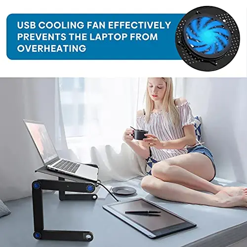 Extra Wide Adjustable Laptop Stand with Cooling Fan & Mouse Pad for 17 Inch Computer, Portable Ergonomic Lap Desk for Bed Sofa Couch Office (Aluminum Table Tray: 19", Black) 5