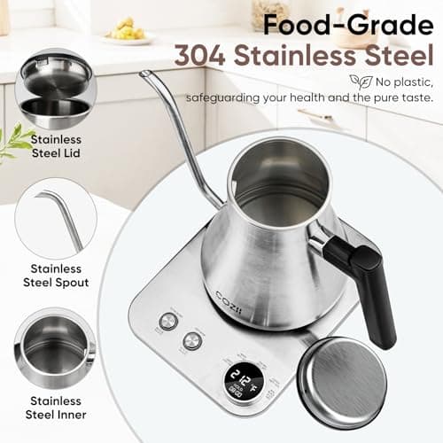COZII Gooseneck Electric Kettle with ±1°F Temperature Control, 1200W Quick Heating for Pour Over Coffee & Tea, 0.9L Water Boiler with 24H Keep Warm & Auto Shut Off, Stainless Steel Interior, Silver 7
