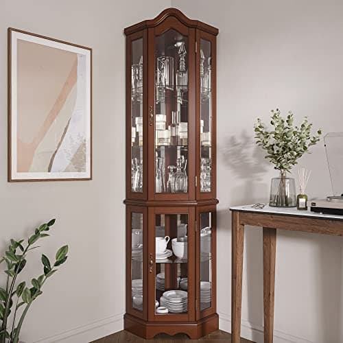 BELLEZE Lighted Corner Display Curved Top Curio Cabinet Wooden Shelving Unit with Tempered Glass Door, Bar and Liquor Storage Area with 5 Shelves - Loraine (Walnut)