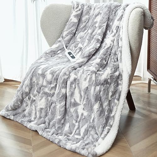 SNUGSUN Heated Throw Blanket Faux Fur & Sherpa, Safe Electric Blanket ETL & FCC Certified, Soft Warm 6 Heating Levels & 4 Hours Auto-Off, Machine Washable, 50"x60" Light Grey & White Pattern 9