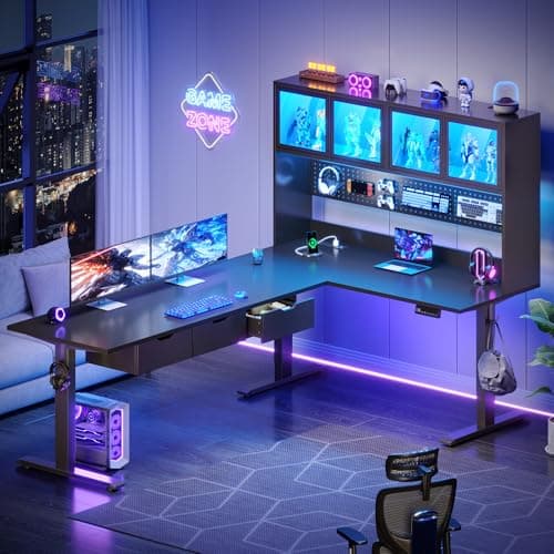 SEDETA 68.9" Standing L Shaped Gaming Desk, Office Computer Desk with Storage Hutch and Drawers, Stand Up Corner Desk with Pegboard & Led Lights for Home Office, Black