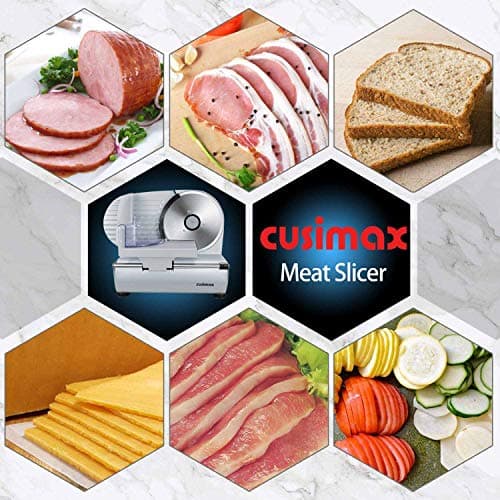 Meat Slicer, CUSIMAX Electric Deli Food Slicer with Two 7.5'Removable Stainless Steel Blades and Pusher, Cheese Fruit Vegetable Bread Cutter, Adjustable Knob for Thickness, Food Carriage 6