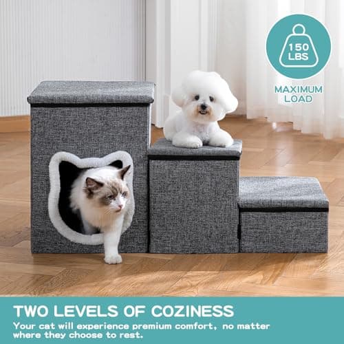 Crispedia Dog Stairs for Small Dogs, 3-Step Non-Slip Pet Stairs for Cats, Small Dog Steps with Storage and Condo, Indoor Cat Steps for Older Cats, Arthritis-Friendly, Grey 6