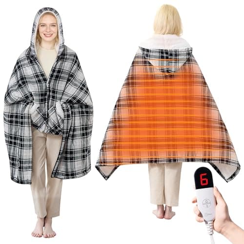 PTQ Electric Blanket Wearable Heated Shawl with Hood & Pockets – 6 Heat Levels, 4H Auto-Off, Reversible Flannel & Sherpa, Cozy Plaid Heated Throw for Home, Couch, or Gift, 40"x70", Black & Grey