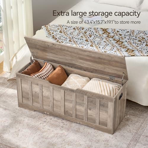 VANKILEY 47.2" Storage Chest Extra Large,Storage Trunk with 2 Safety Hinges,Wooden Storage Bench,Shoe Bench,47.2x15.7x19.1 Inch,Easy Assembly,Storage Bench for Bedroom,Living Room,entryway(Greige). 5