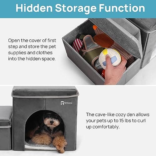 RYpetmia Foldable Pet Stairs for Beds & Sofas - Non-Slip Dog Steps with Storage for Small to Medium Dogs & Cats, Supports up to 120 lbs - Durable 2 & 3-Step Doggie Ladder for Easy Access 7