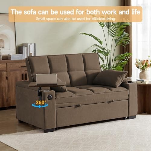 hansones 65'' 3-in-1 Folding Convertible Sofa Bed, Pullout Sofa, Modern Chenille Fabric, 360° Swivel Side Table, Easy Assembly, Perfect for Living Room(ZY-1107A-Brown) 7