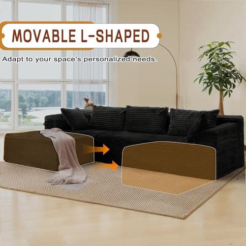 Korser 110" L-Shaped Modular Sectional Sofa with Chaise, Boneless Comfy Corduroy Fluffy Couch with Deep Seat and Side Pockets, Flexible Module Combination for Living Room, No Assembly, Side Pockets 6