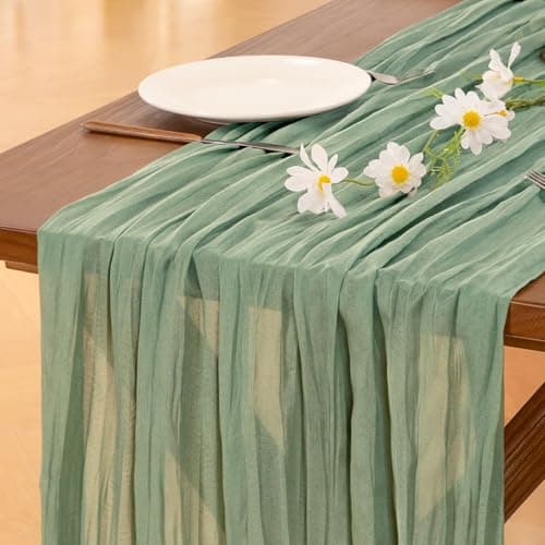 Socomi Sage Green Cheesecloth Table Runner Easter Spring Boho Rustic Farmhouse Gauze 120 inch 10FT Cheese Cloth Runner for Wedding Party Baby Shower Birthday Home Decor Holiday Decorations 6