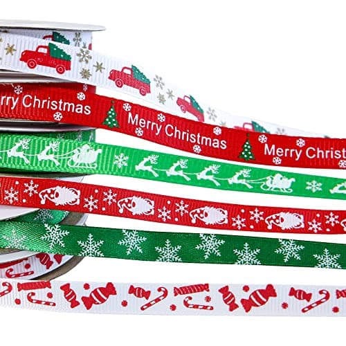 60 Yards 3/8" Christmas Ribbon for Crafts, White Red and Green Holiday Grosgrain Ribbon Christmas Ribbon for Gift Wrapping Festival Holiday Party Hair Bow Clips DIY Crafts Decoration (6 Rolls)