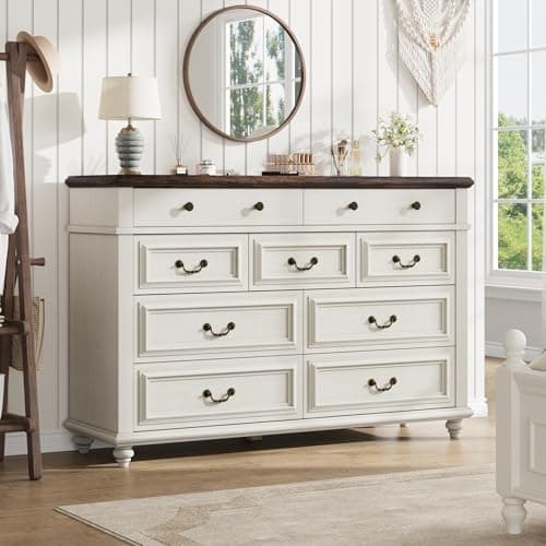 Jocoevol 9 Drawer Dresser for Bedroom, 54" Wide Bedroom Dressers with Drawers, Dresser Farmhouse with Natural Texture, Vintage Design Wide Dressers for Living Room, Entryway, White 3