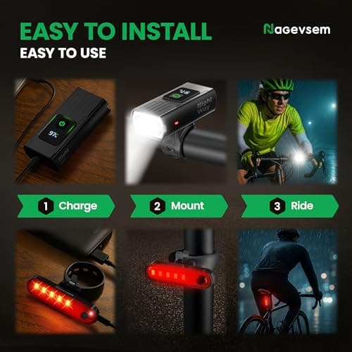 Nagevsem Bike Lights Set of 3 pcs w/Bicycle Bell - LED Super Bright - Rechargeable USB-C Headlight Front & Back Light for Night Riding in Mountain - Gift for Men Women Boys Kids Black 9