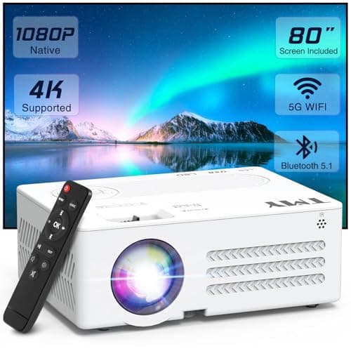 TMY Projector with WiFi and Bluetooth【80" screen included】Native 1080P Outdoor Projector, 4K Supported Portable Projector, Compatible with iOS/Android/PC/TV Stick/HDMI/USB, Indoor Outdoor Use
