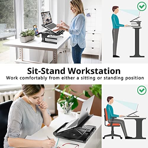 AboveTEK Laptop Stand, 20 Angles Two-Layer Height Adjustable Laptop Stands, Portable Laptop Riser with 360 Rotating Base Storage Space & Extra Phone Holders Compatible with 10''-17'' Laptops Black 7
