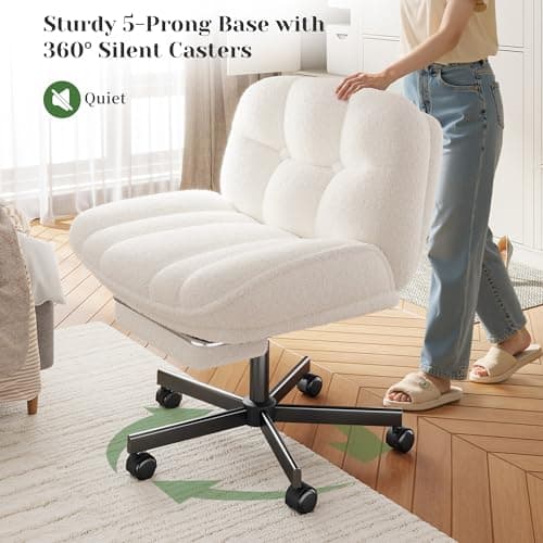 DurayLoly Cross Legged Office Chair with Foot Rest, 6.3" Thick Cushioned Criss Cross Chair with Wheels, Height Adjustable Swivel Vanity Chair for All-Day Comfort (White) 7