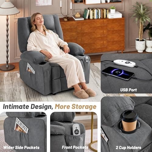 Rocker Recliner Chair with Massage and Heat, Nursery Rocking Chairs for Living Room, Ergonomic Comfy Relining Chair with Cup Holders, USB Charge Port, Side Pockets, Recliner Chair for Adults, Grey 8