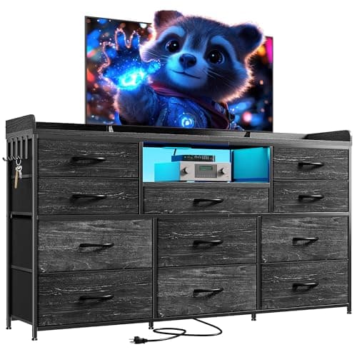 EnHomee Dresser TV Stand with 11 Drawers, 60" TV Stand with LED Lights & Power Outlets, Long Dresser for Bedroom with Shelves & 4 Hooks for Dorm, Hallway, Charcoal Black