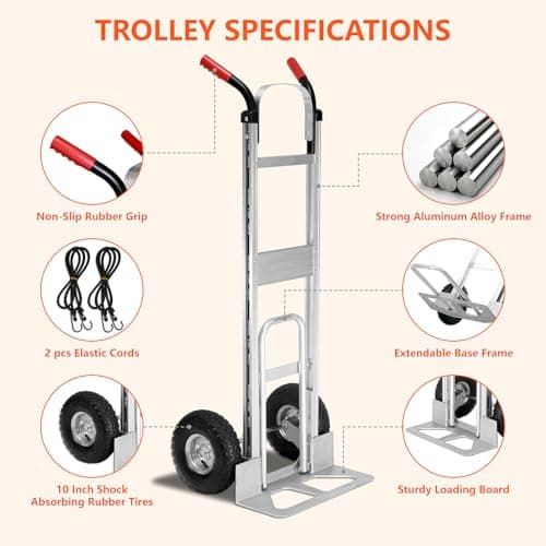 Aluminum Hand Truck 600 LBS Capacity, Handle Heavy Duty Industrial Dolly with 10" Pneumatic Tire and 2 Elastic Cords, Platform Cart for Transport and Moving in Home, Office, Warehouse, Supermarket 4
