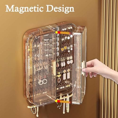 Qryval Wall Mounted Jewelry Organizer, No Punching Installation, Hanging Jewelry Organizer Box and Storage Case, Necklace Earring Holder Organizer Wall for Women Teen Girls (Gray Gold) 6