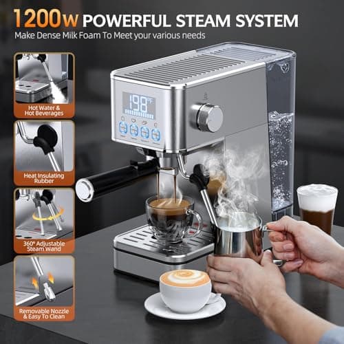 LERTIN Espresso Machine, 20Bar Compact Stainless Espresso Maker, With Milk Frother Steam Wand, 57.5OZ Removable Water Tank, Displays Making Time & Water Temperature, Cold Brew & Cappuccino, Silver 5