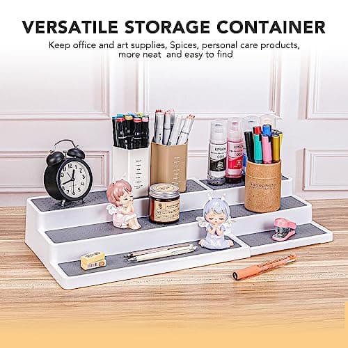 CiWiVOKi 3 Tier Expandable Spice Rack Organizer, White/Grey Plastic Spice Rack, Adjustable Length 14.6In-25.8In, 2 Pack Non-Skid Tiered Spice Shelf Organizer for Kitchen Cabinet, Cupboard, Pantry 8