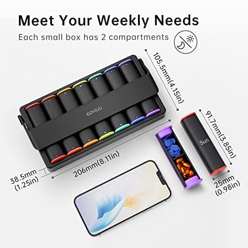 Weekly Pill Organizer 2 Times a Day, KOVIUU Large Travel Pill Box 7 Day, Am Pm Twice Daily Pill Case with Rotatable Handle, Week Pill Holder Container for Vitamin Medicine Supplement Fish Oil, Black 2