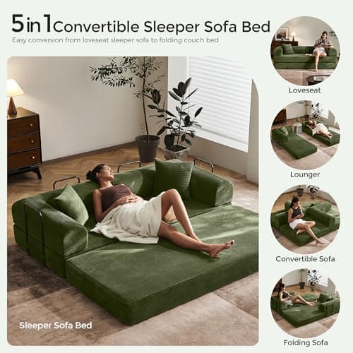 79" Convertible Sofa Bed with Fixed-Shape Frame & Removable Armrests, Modular Corduroy Sleeper Sofa, Folding Mattress Couch for Small Spaces - No Assembly Needed in Green (Includes 2 Pillows) 6