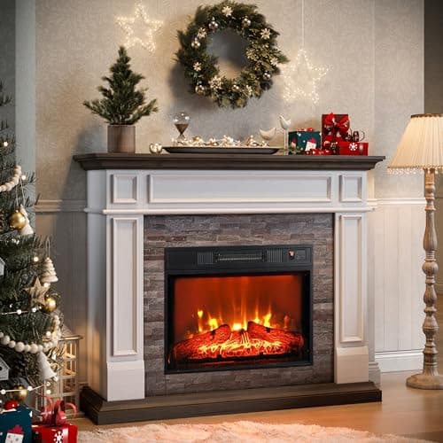 Naice 44" Electric Fireplace Mantel, Farmhouse TV Stand with Electric Fireplace Heater, Stacked Stone Surround and Remote Control 3D Realistic Flame, White Fireplace for Living Room Bedroom