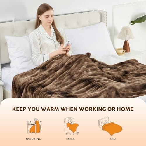 HYLEORY Faux Fur Heated Throw Blanket Electric - Soft Thick Flannel Heating Blanket with 5 Heat Levels & Auto-Off 3 Hrs, Fluffy Cozy Warm Bed Blankets for Christams Winter Office, Brown 5