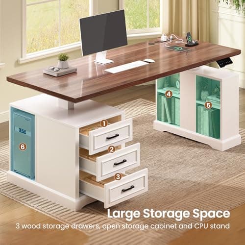 SEDETA Farmhouse Electric Standing Desk, 63" Height Adjustable Computer Desk with 3 Drawers, Storage Shelves, Power Outlets, Wood Home Office Stand up Desk for Work, Study, Writing, White 5
